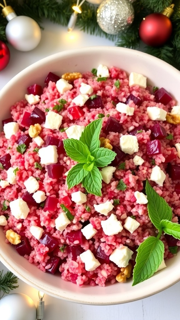 Pink Christmas Celebration Recipe A colorful pink quinoa salad with beetroot and feta, decorated with mint and walnuts, set against a festive Christmas backdrop.